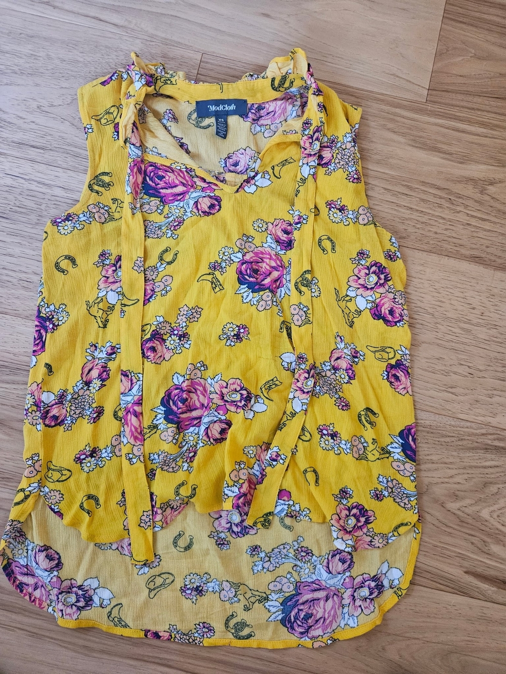ModCloth Yellow Floral Tie-Neck Sleeveless Blouse